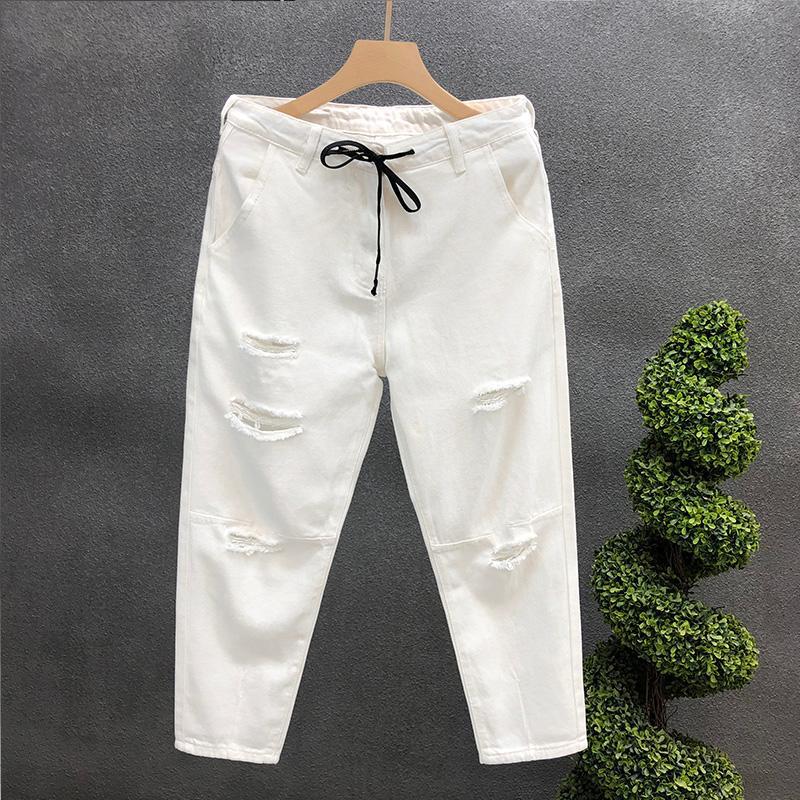 White Jeans Men'S Trendy Brand Fashionable Cropped Pants Thin Men'S Ripped Pants - Image 1